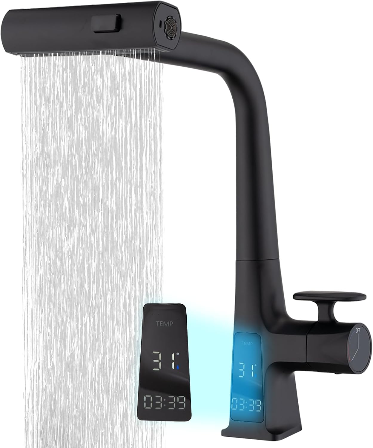 Black Waterfall Kitchen Sink Faucet with LED Temperature and Usage Time Display, Single Hole Kitchen Rain Faucet with Pull Down Sprayer, 3 Modes(Waterfall, Stream, Sweep) 360° Swivel -Matte Black Matte Black TEMPERATURE DISPLAY