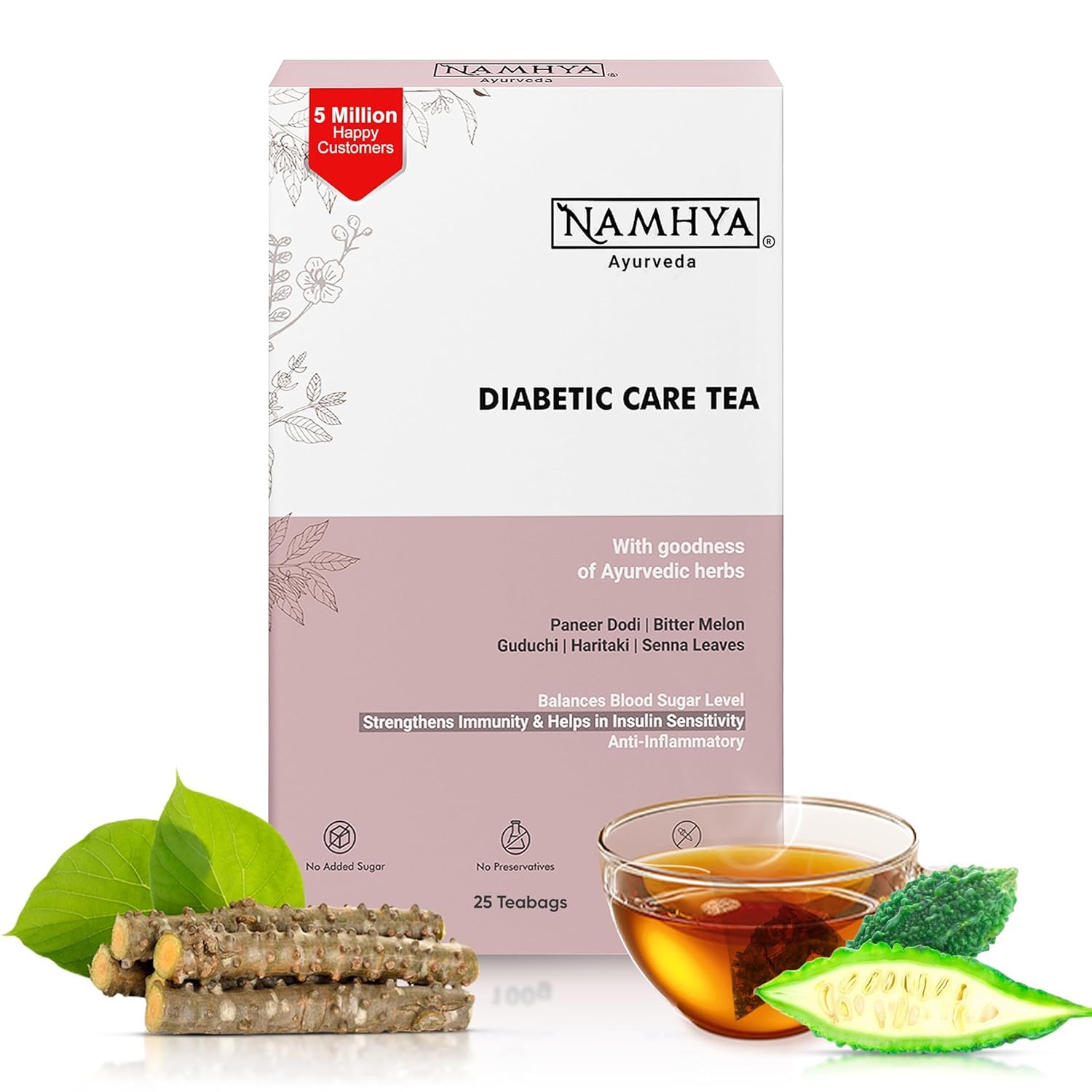 NAMHYA Diabetic Care Tea (25 Tea Bags, 25 Cups) with Paneer Dodi, Bitter Melon, Guduchi & Ayurvedic Herbs for Blood Sugar Balance & Immunity Support