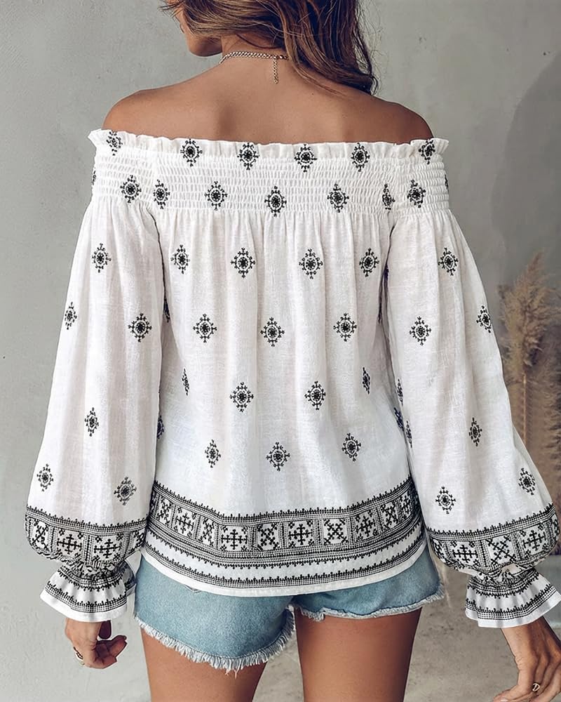 CHICME Women’s Boho Off The Shoulder Linen Blouse Long Lantern Sleeve Shirred Smocked Neck Frill Hem Vacation Clothes - Image 3