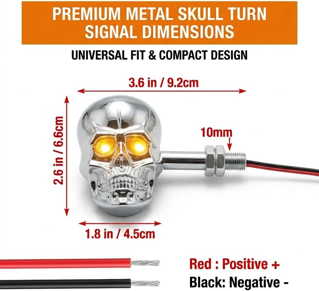 Motorcycle 10mm Screw Skull Head LED Amber Turn Signal Indicator Light (Chrome)