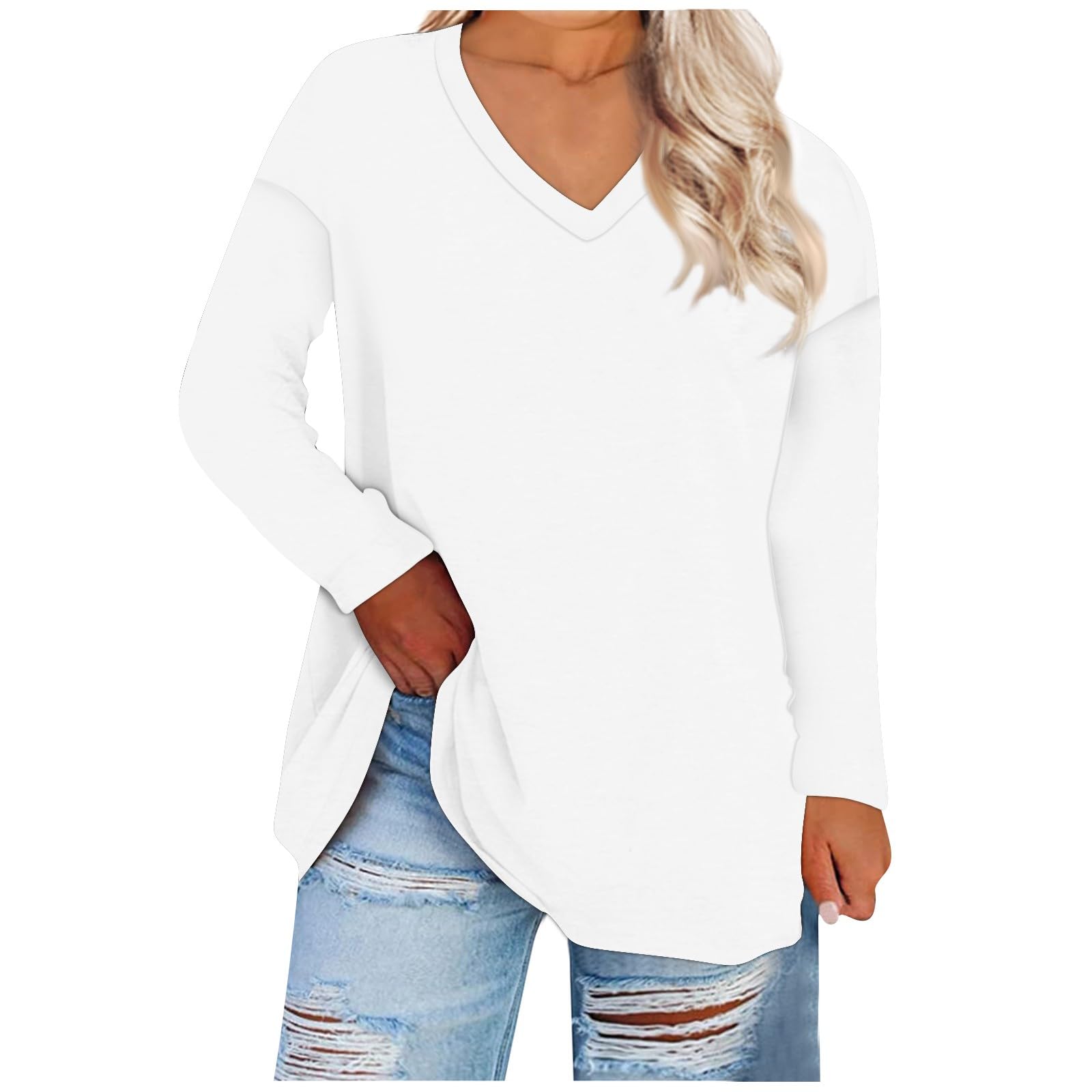 YUTANRALWomens Plus Size Tops Dressy Casual Loose Long Sleeve Shirts Fashion V Neck Tshirts Tunic Fall Clothes 2023