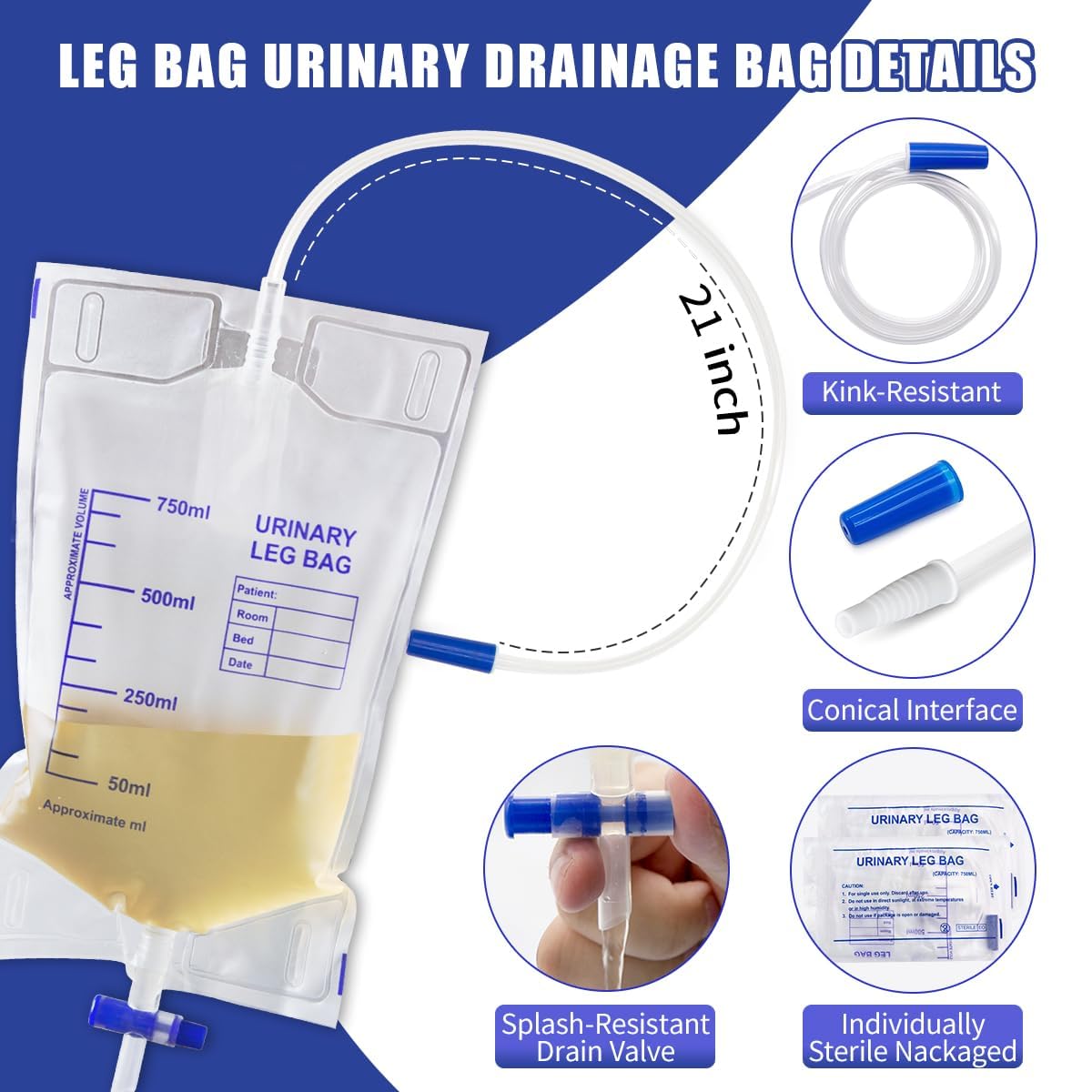 Bolsa de Drenaje de, 10 Piezas Bolsa de Orina 750ml, Bolsas de Drenaje de Orina con PelíCula Antirreflujo Bolsa de Recogida de Orina con VáLvula Drenaje en T, Drenaje Y Correas de Tela
