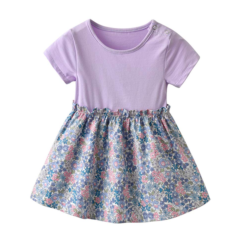 Auro Mesa Little Kids Girls Purple Floral Dress Short Sleeve Summer Girl Dresses Baby Girls Clothing Outfits (110 (3T))