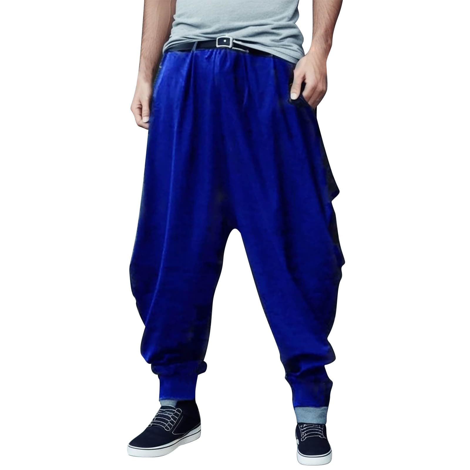 BUKKNYE Men Harem Pants Comfortable Elastic Waist Pants Fashion Solid Color Casual Yoga Hippies Pants(Blue,5XL
