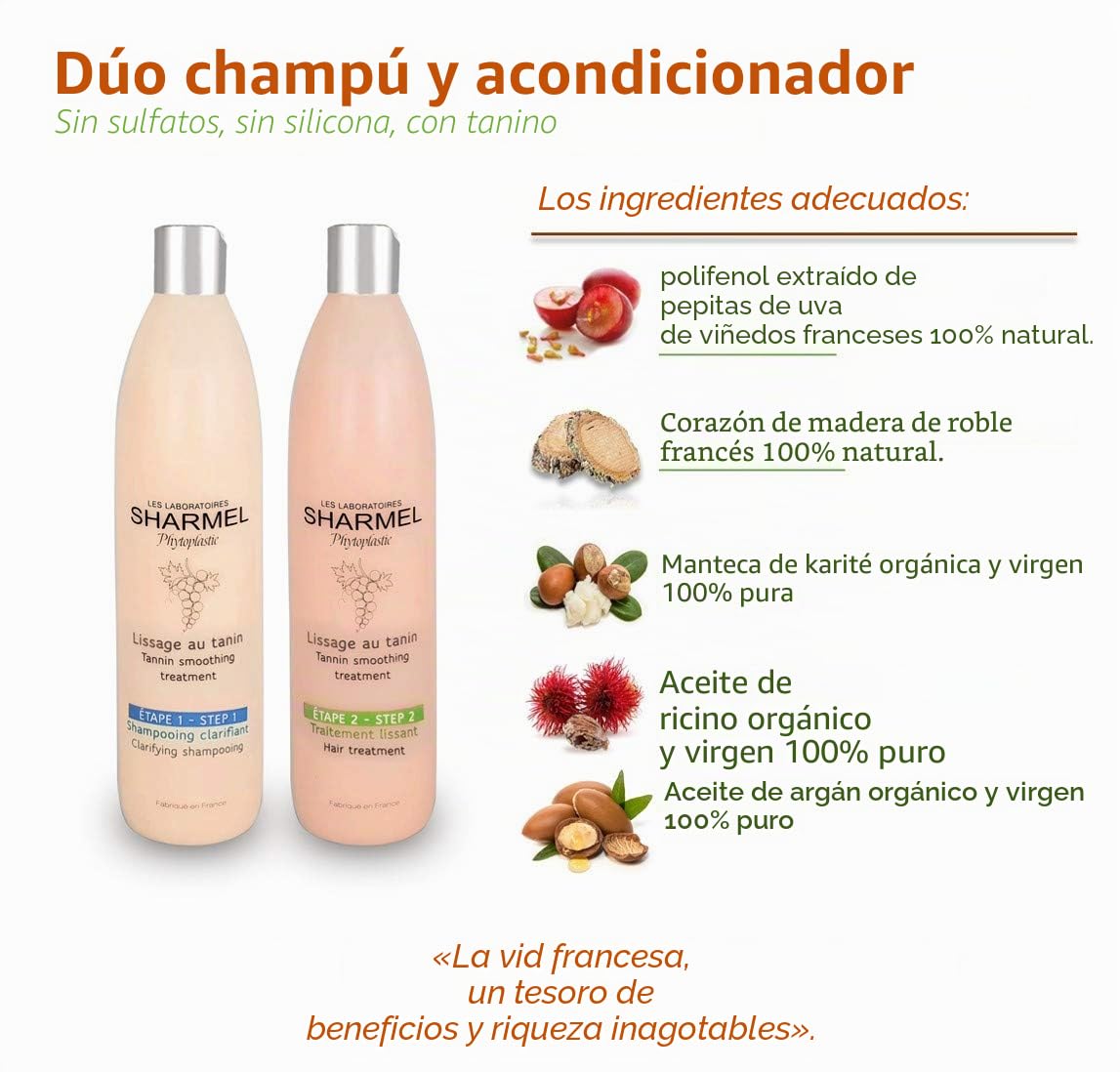 Dúo de Champú + Acondicionador, con tanino – Sin Sulfato – Sin Silicona – 2 x 1 L – Potenciador de alisado