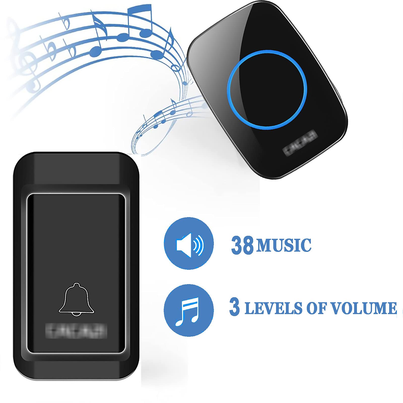 Campanello Wireless autoalimentato, Funzionamento a 390 Piedi di Portata con 38 campanelli, 3 Livelli di Volume, Facile da installare per casa, Scuola, Ufficio, Bianco, Nero