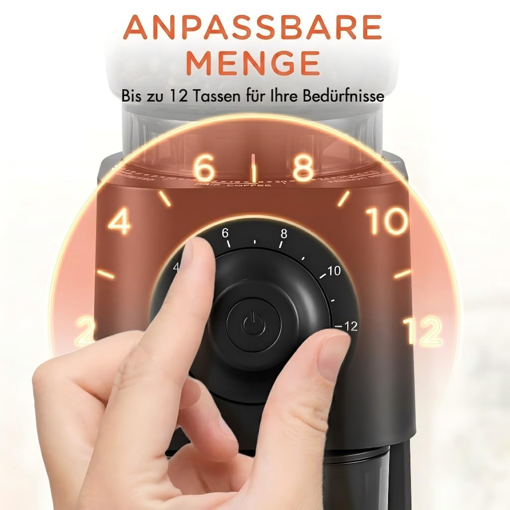 CHEFFANO Elektrische Kaffeemühle mit Kegelmahlwerk, 150W Kaffeebohnenmühle mit 30 Mahlgraden, Kaffeemühle elektrisch für 2-12 Tassen, Einstellbare Kaffeemenge & Abnehmbarer Bohnenbehälter
