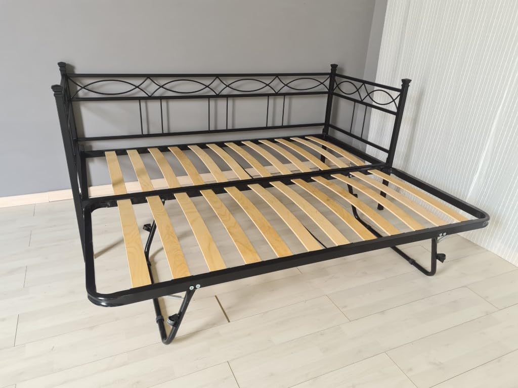 AESSEGI Divano letto in ferro battuto Rosa Anna con rete estraibile (Nero opaco satinato)
