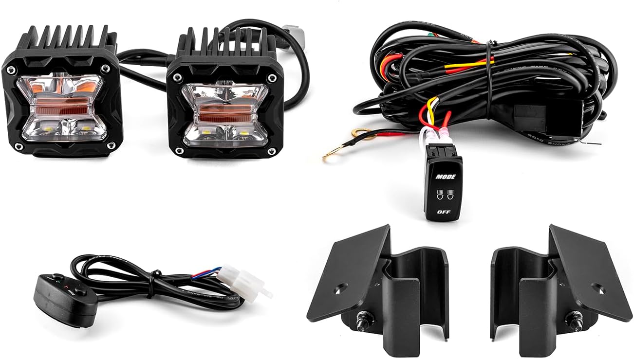 WeiSen 3" Amber White LED Pod Light Kit Compatible with Polaris Ranger General 2015-2025 with Pro Fit Cage, Work Cube Lights with DT Wiring Harness Pillar Mount