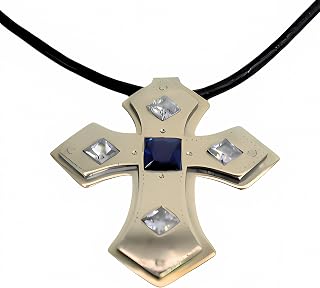 Gothic Cross Medieval Handmade German Silver Alpaca White Zircons Sapphire Crystal Central Gem Leather adjustable Necklace Jewelry Gift for Women and Men