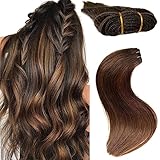 Real Human Hair Sew in Extensions - 18 Inch 100G Dark Brown Balayage Light Brown Hand Tied Weft Hair Extensions for Women