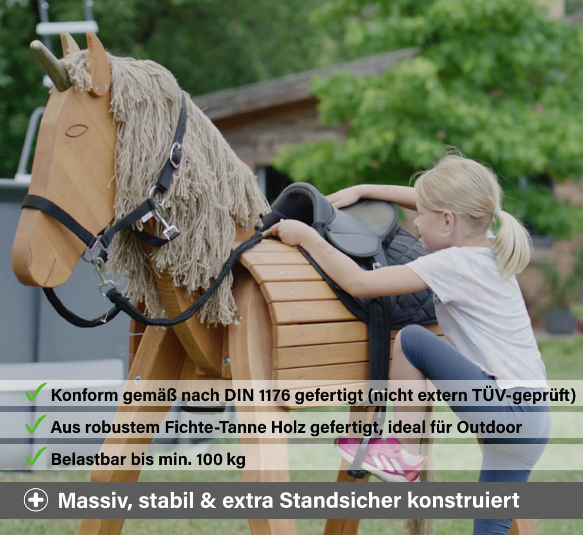 Holzspielzeug Peitz Großes Voltigierpferd Diamant | Holzpferd | Outdoor-Spielzeug | Draussen 7028 | Stockmaß 105 cm (Natur)