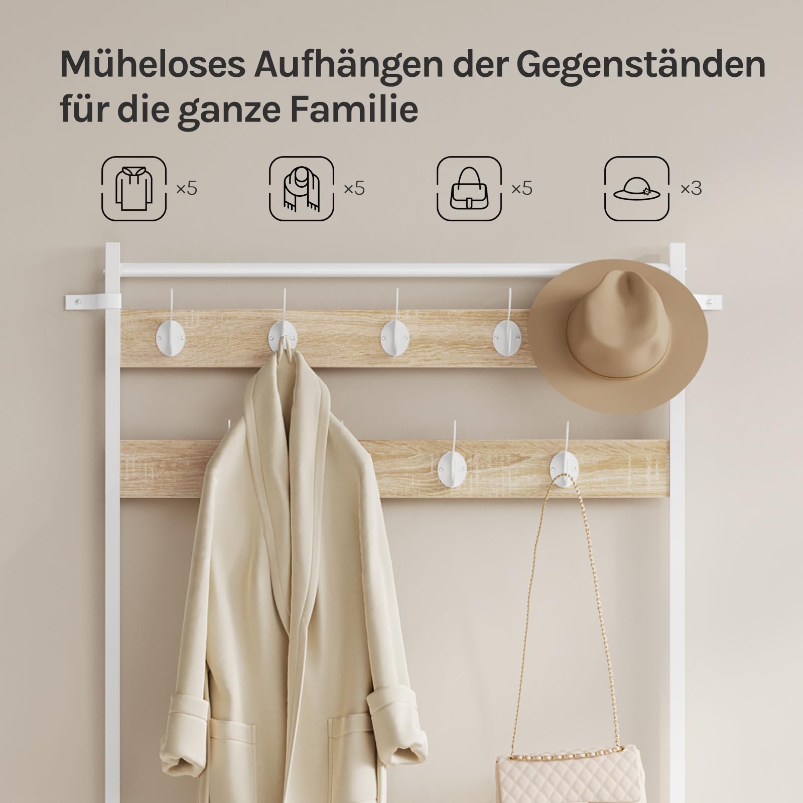 WOLTU Kleiderständer, Garderobenständer mit Schuhregal, 9 Doppelhaken, Seitenablageschalen, für Flur Schlafzimmer, 80x190x30 cm, Helle Eiche + Weiß