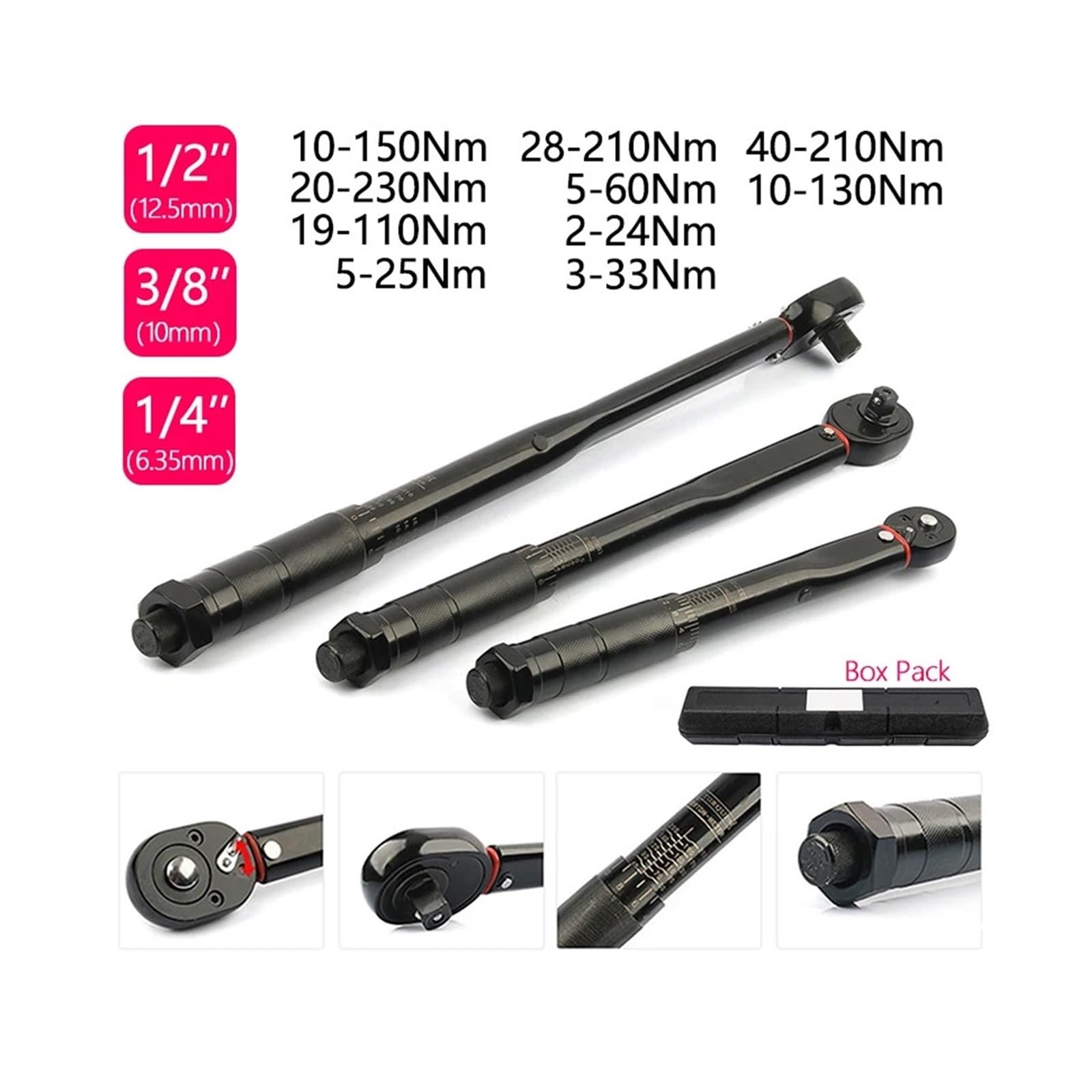Klucz dynamometryczny 2-230 Nm regulowany 1/2'' 3/8'' 1/4'' okrągła rura o wysokiej precyzji do samochodów, rowerów, narzędzi ręcznych samochodowych(20-230NM)