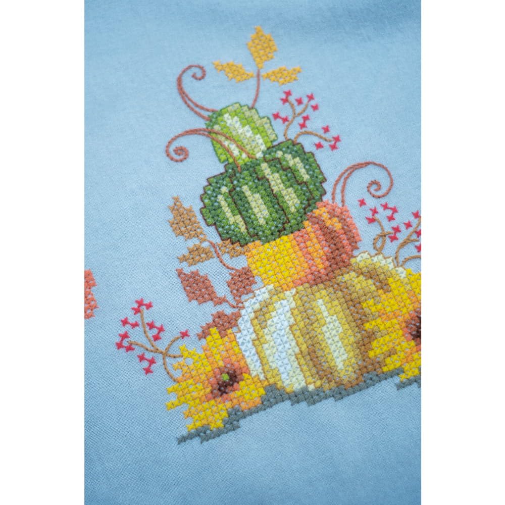 VERVACO Haft Krzyżykowy z Nadrukiem Zestaw do Haftu Obrusu DYNIE Z LIŚĆMI Zestaw Kreatywny dla Dorosłych ca. 80 x 80 cm DIY Dekoracja Stołu ze Zmywalnym Wzorem Cross Stitch Kit