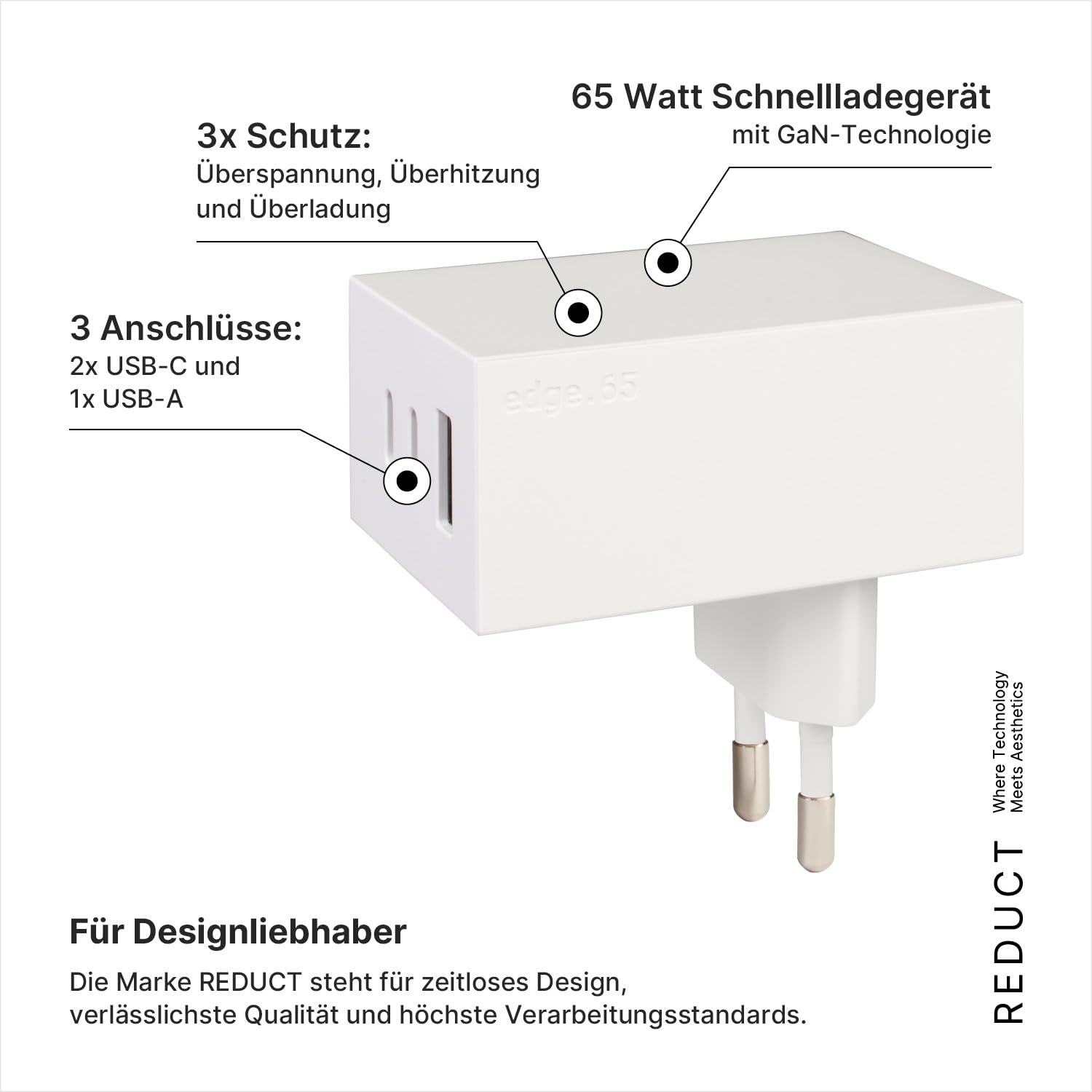 Reduct® Cargador USB Edge.65 de 65 W, cargador rápido, varios puertos USB (2 puertos USB-C + 1 USB-A), certificado y fabricado con los más altos estándares (blanco y blanco)