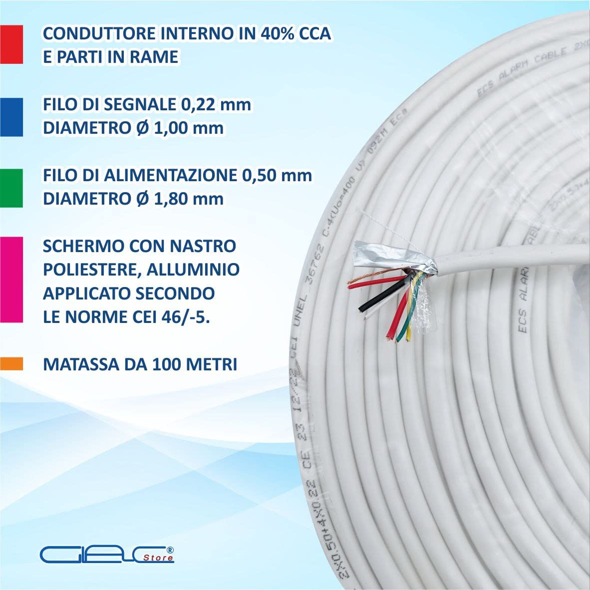 Cavo Cavi Allarme Bobina 6 Fili 4X0,22+2X0,50 mm 4+2 Matassa da 100 metri CCA Schermato Professionale Certificato Anti Propagazione in caso di Incendio