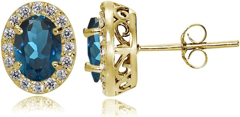 Sterling Silver, Yellow or Rose Gold Flashed London Blue and White Topaz Oval Halo Stud Earrings