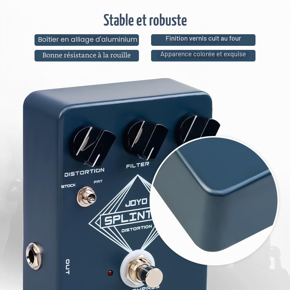 JOYO Pédale d'effet Distorsion Analogique, commutateur FAT/MOSFET avec contrôles DISTORTION/FILTER/VOLUME, True Bypass (SPLINTER JF-21)