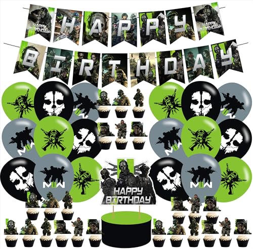 Gaming Theme Birthday Party Decorations Call Of Du_ty Party Supply Set for Kids with 1 Happy Birthday Banner 24 Cupcake Toppers 18 Call Hero Balloons 50 Stickers for Gaming Party Decorations
