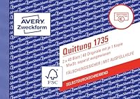 AVERY Zweckform 1735 Quittungsblock (A6 quer, 2x40 Blatt, selbstdurchschreibend, fälschungssicherer Dokumentendruck, für Beträge über 250€ mit separater MwSt., für DE/AT) weiß/gelb