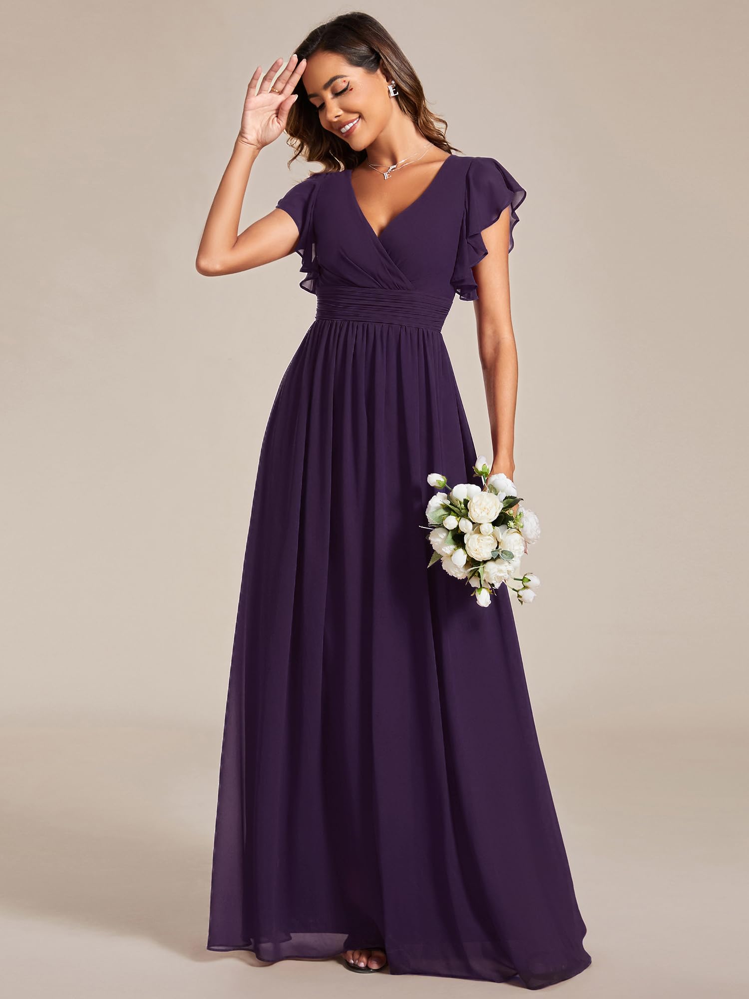Ever-Pretty Robe de Soirée Dos Nu pour Femme Manches Volantées Mousseline Col V Plissé Robe de Demoiselle d'honneur Longue Élégante ES01818