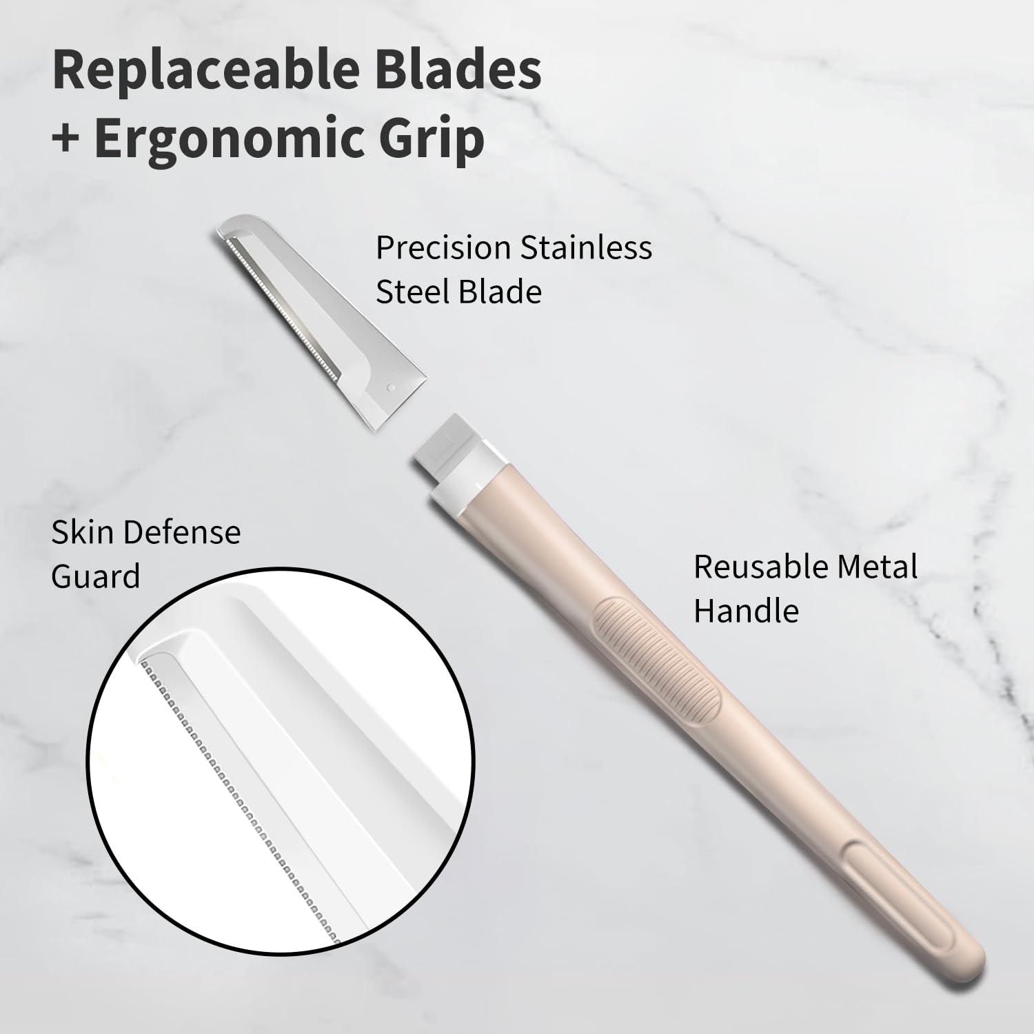 Dermaplane - Maquinilla de afeitar facial para mujer, removedor de pelusas de melocotón, color beige | Herramienta Dermaplaning para depilación facial y exfoliación, modelado de cejas, piel suave, mango de metal + 8 recambios
