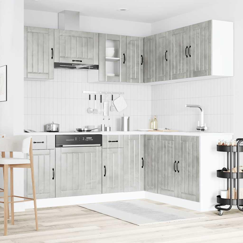 Set di 11 mobili da cucina Lucca in legno grigio cemento, mobili da cucina modulari con armadio ad angolo, pensili e pensili per molto spazio in cucina