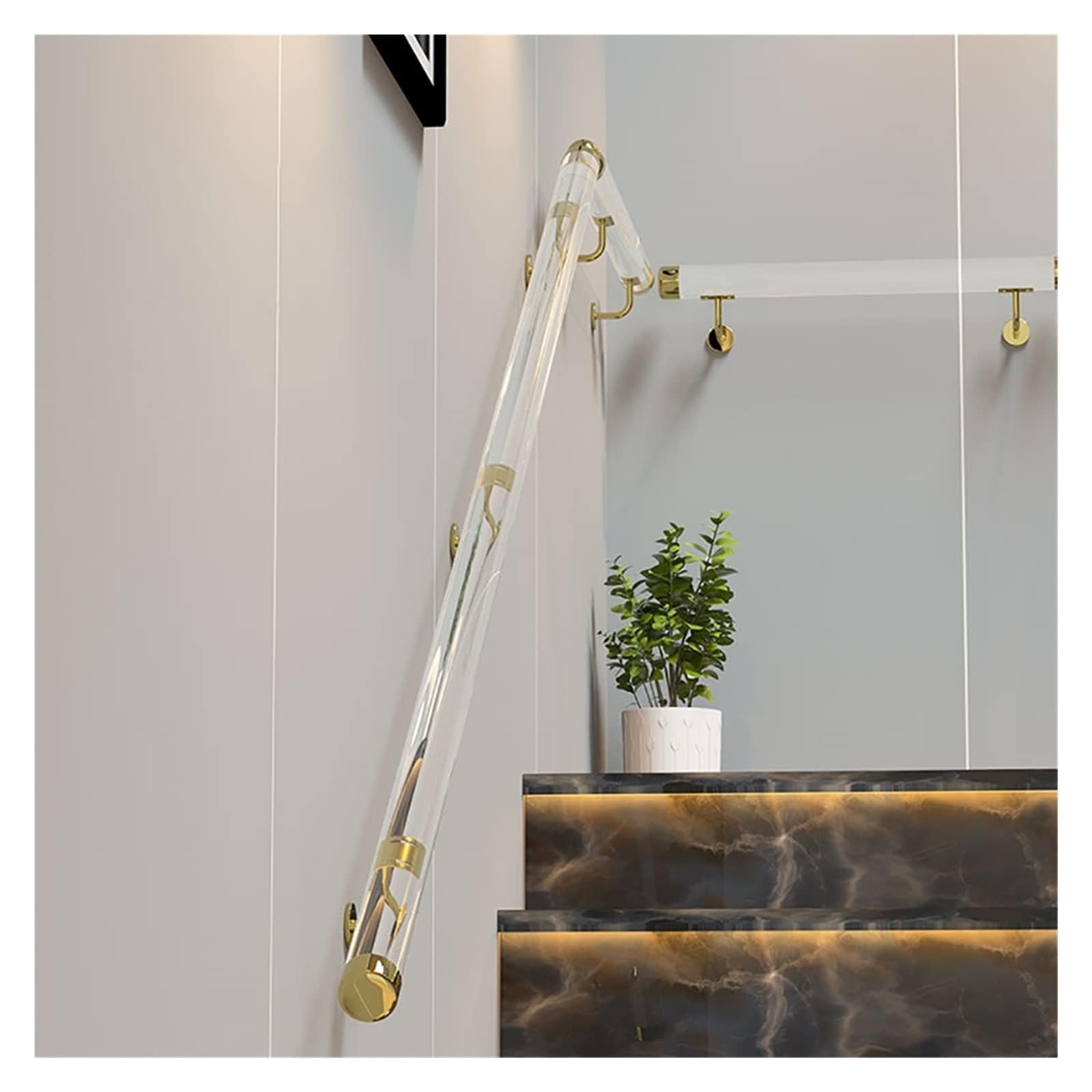 Indoor Stair Handrail Kit, Clear Acrylic Hand Railing with Silver Brackets & End Caps, 3ft/4ft/5ft/6ft/10ft/12ft/14ft/20ft Transparent Staircase Handrail, for Outdoor Deck Porch(380cm(12.5ft))