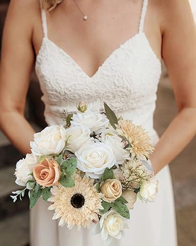 Vista 275 de White Rose Artificial Flowers Fake Flower Bulk with Stems for DIY Wedding Bouquet Bridal Baby Shower Centerpiece Table Decorations Silk Faux Floral