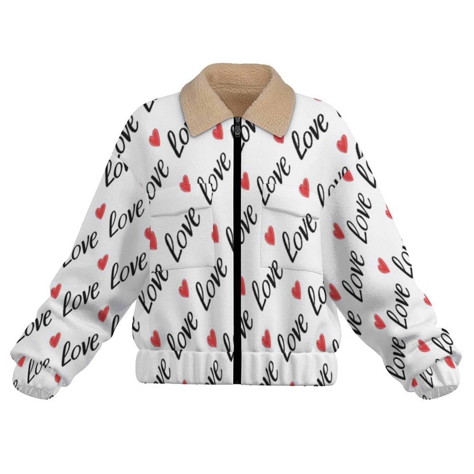 Giacca in Pile Caldi da Donna, Semplice Moda con Stampa a Amore Cuore, Invernale, a Maniche Lunghe, con Chiusura Lampo, Spessa, Comoda, con Tasche