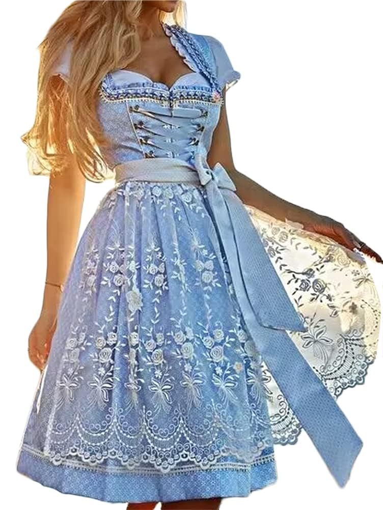 Damska sukienka Dirndl średniej długości, tradycyjny strój bawarski – elegancka odświętna sukienka Dirndl ze spódnicą, na wesele i specjalne okazje