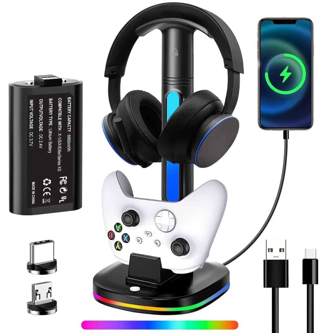 Xbox Headphone Stand with Controller Charger RGB Xbox Controller Charging Station Headset Stand for Xbox Series X S