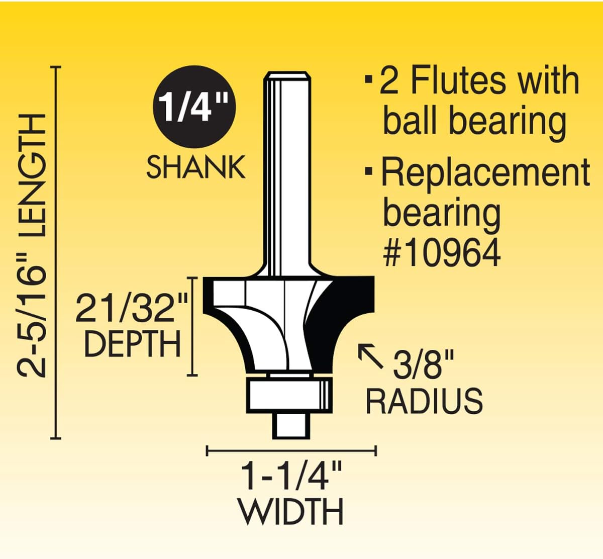 IVY Classic 10850 3/8" Radius Rounding Over Carbide Router Bit with Ball Bearing, 1/4" Shank, 1/Hang Box