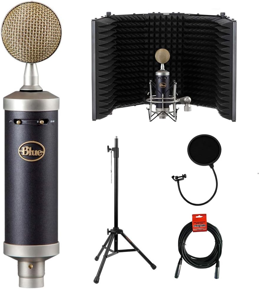 ERUIOLA Blue Baby Bottle SL Studio Condenser Microphone with RF-5P-B Reflection Filter, Tripod Mic Stand, Pop Filter & XLR Cable Bundle