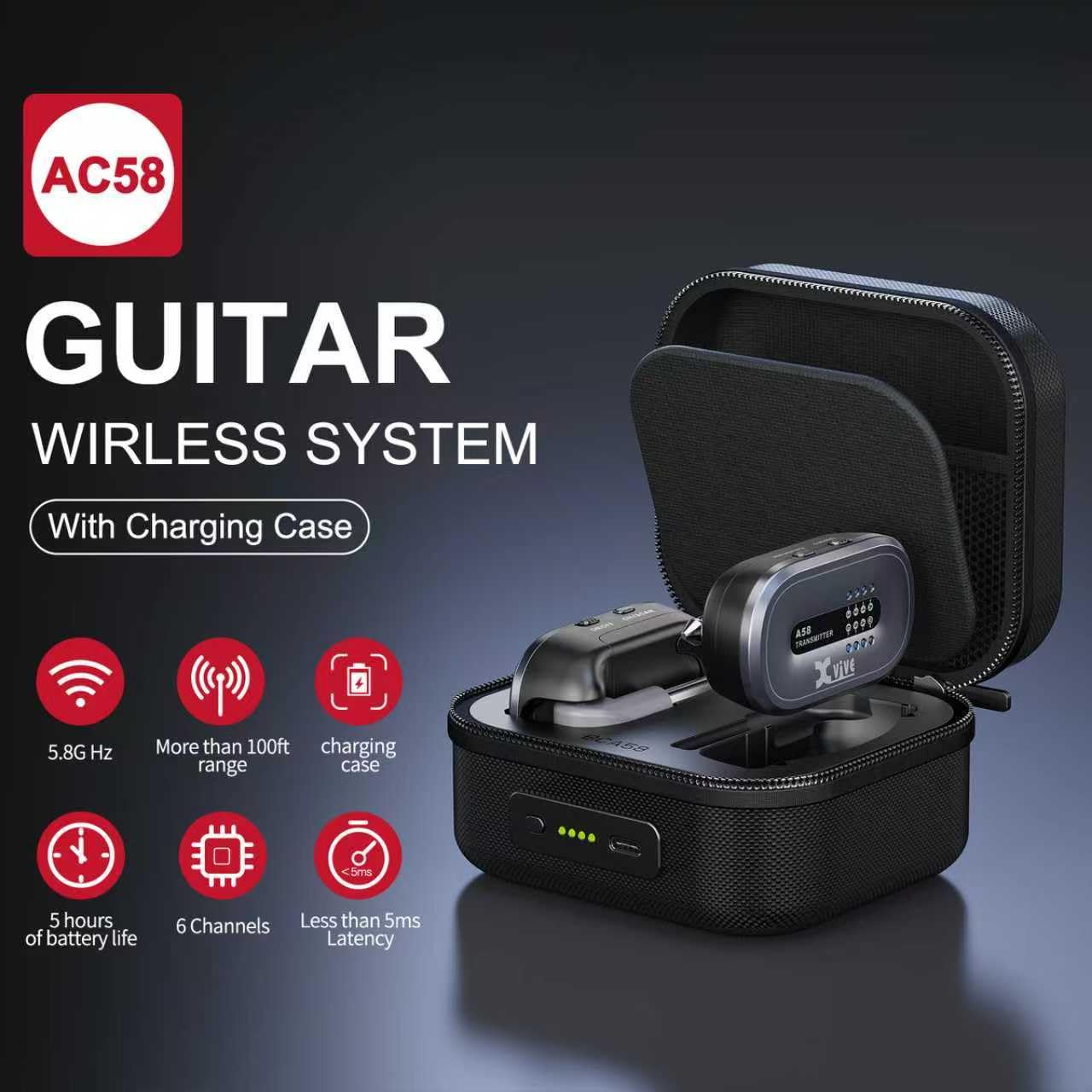 Xvive AC58 - Sistema wireless per chitarra, 5,8 GHz, A58, con custodia di ricarica, per pickup attivo o passivo, basso elettrico/acustico