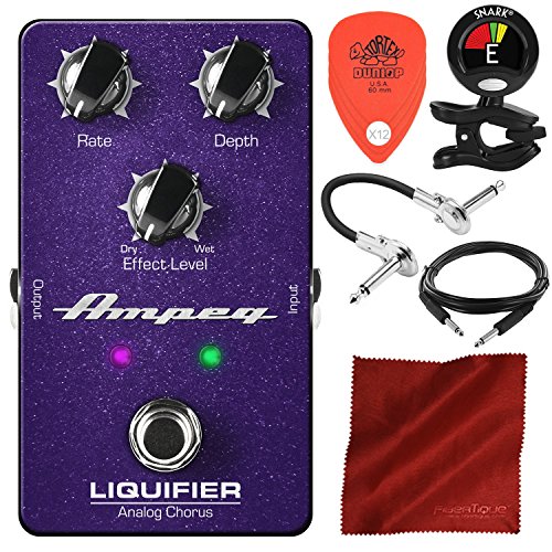 Ampeg Liquifier Analog Guitar Electric Bass Chorus Effects pedal with Clip-On Tuner, Picks, Cables, and Fibertique Cloth