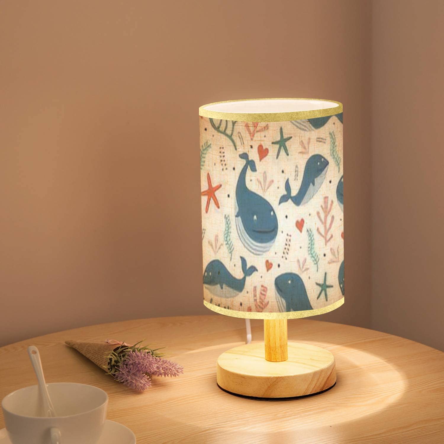 Minimalist Bedside Table Lamp Whales seamless ocean theme for baby print Cute baby animals for kids Wood Nightstand Lamp Bedside Desk Lamp Wood Base Flaxen Fabric Shade for Bedroom Living Room