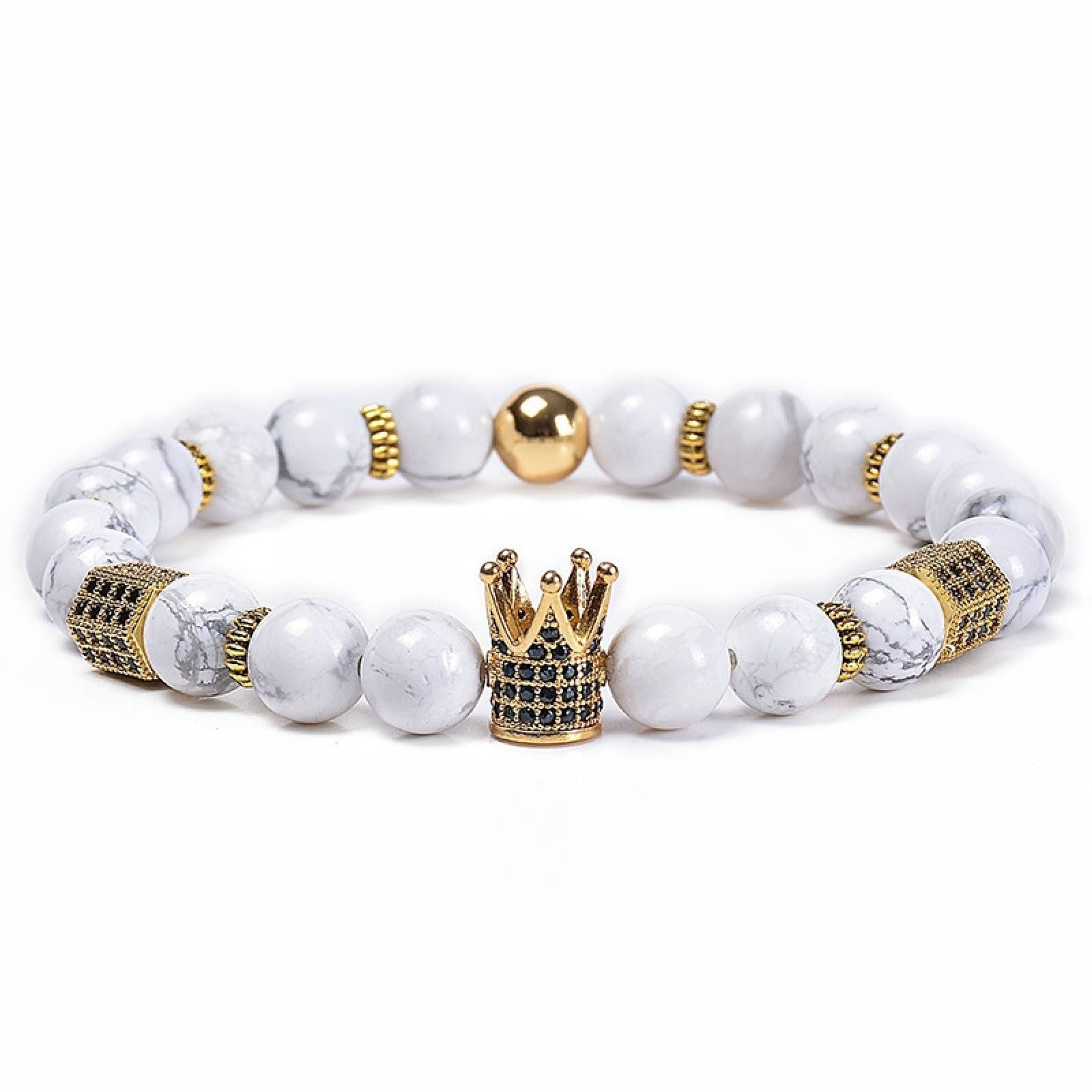 Pulseras de Cuentas para Mujer, Pulsera de Piedra Turquesa de 8 mm con Corona, Pulseras Ajustables para Hombres de 18 cm