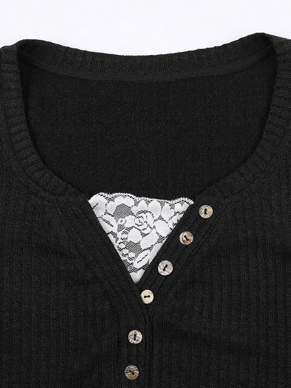 EMMIOL Lace Crop Button Up Shirts for Women Paneled Button Long Sleeve Knit Top Lightweight Slim Basic Knit Tunic Top Blouse: 2-black XX-Large