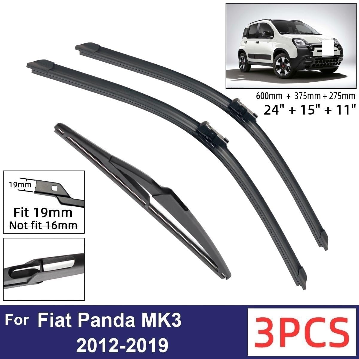 Essuie-glace de voiture compatible avec Fiat Panda MK3 2012-2019 Balais d'essuie-glace avant et arrière de voiture Essuie-glaces en caoutchouc souple Pare-brise automatique 24"+15"+11"2016 2017 2018 (