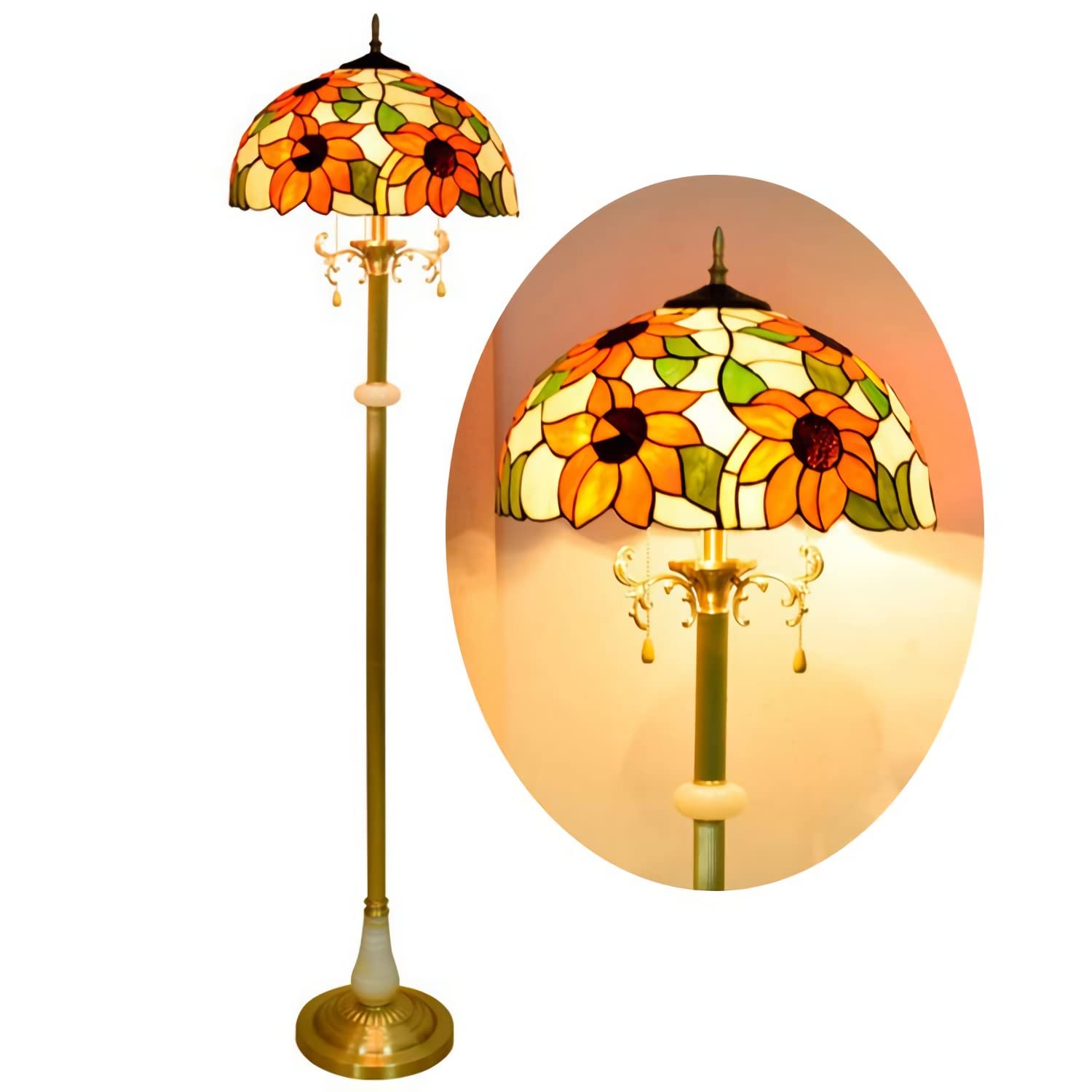 IUokLU 16 inch Tiffany-style Floor Lamp, Sun Flower Stained Glass ReadLight, Vintage All Copper Base StandLamp for Bedroom Office