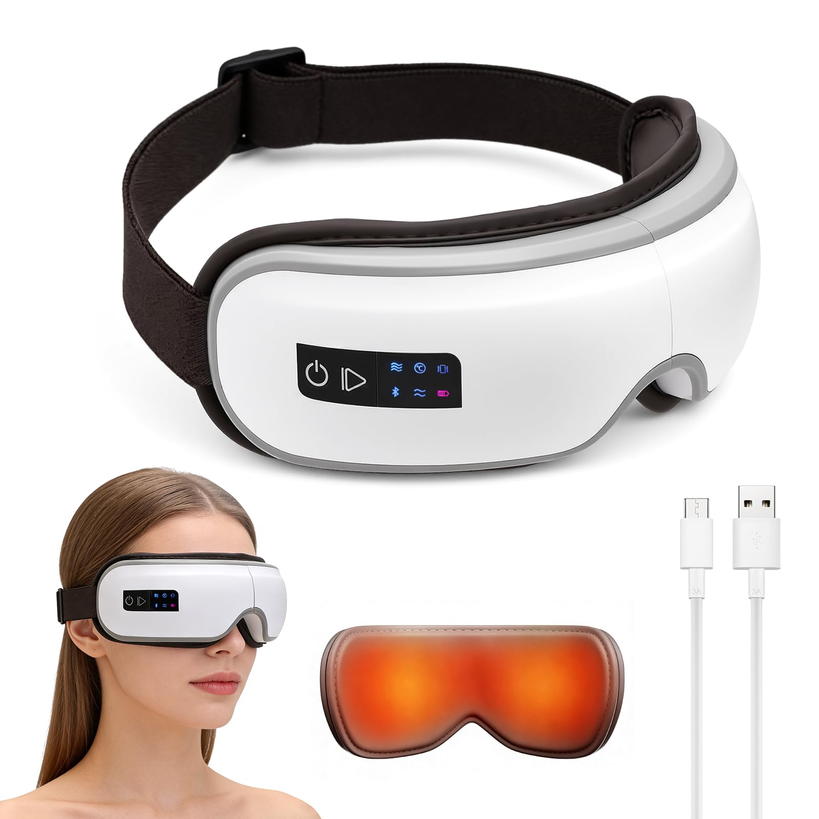 Masseur oculaire 6 modes avec chaleur, masseur des yeux avec fonction musicale Bluetooth, masque pliable avec chaleur pour soulager la migraine, la fatigue oculaire, les cernes et les yeux