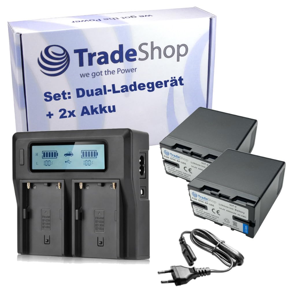 Trade-Shop Juego 3 en 1: 2 baterías de iones de litio de 4400 mAh + cargador dual USB LCD compatible con Sony PMW-EX160, PMW-EX260, PMW-EX280, PXW-Z280V, PXW-Z190V