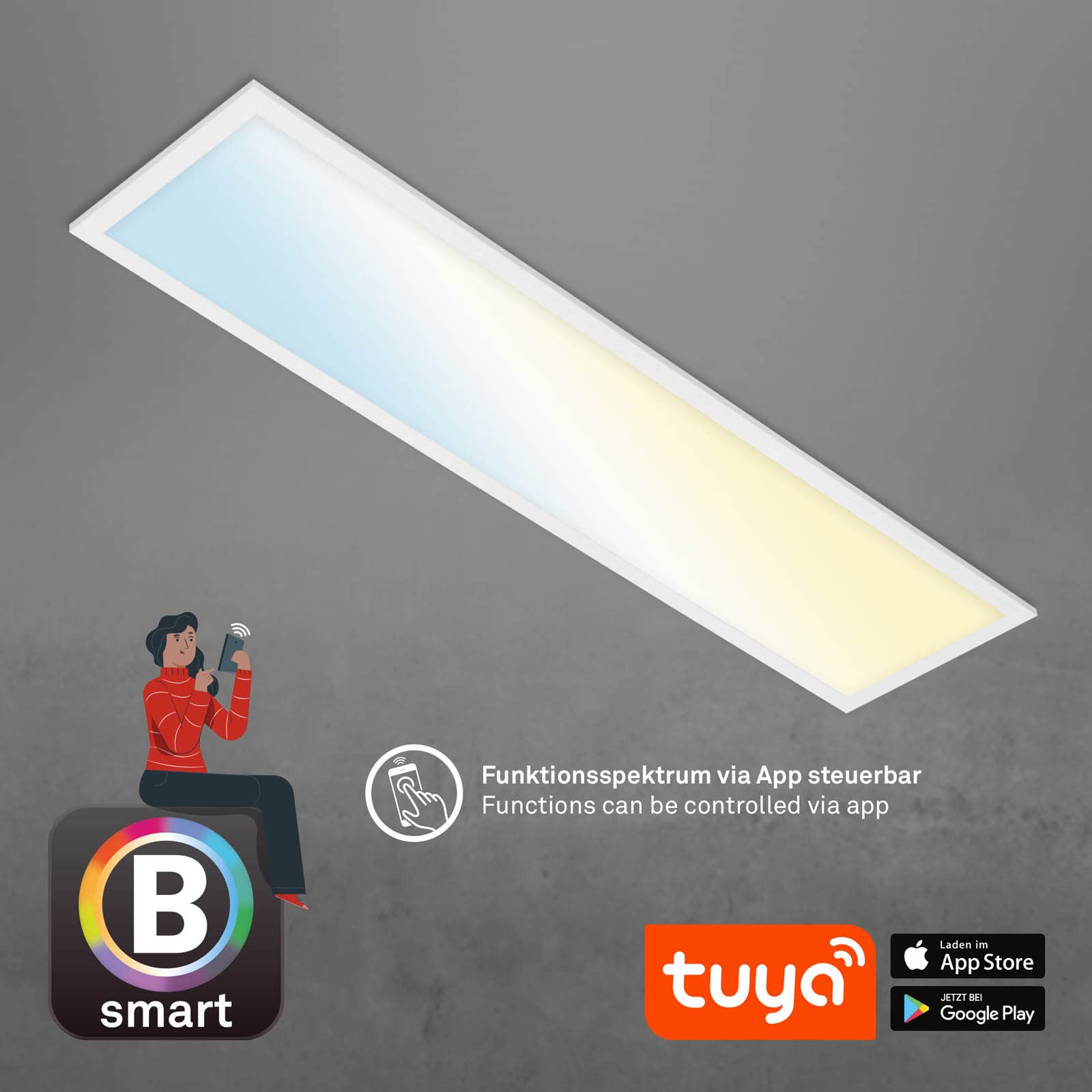 Briloner - Lampada da soffitto Smart LED, lampada da soffitto Wifi Ultra Flat, CCT, dimmerabile, controllo vocale, bianco, 1000x250x66 mm