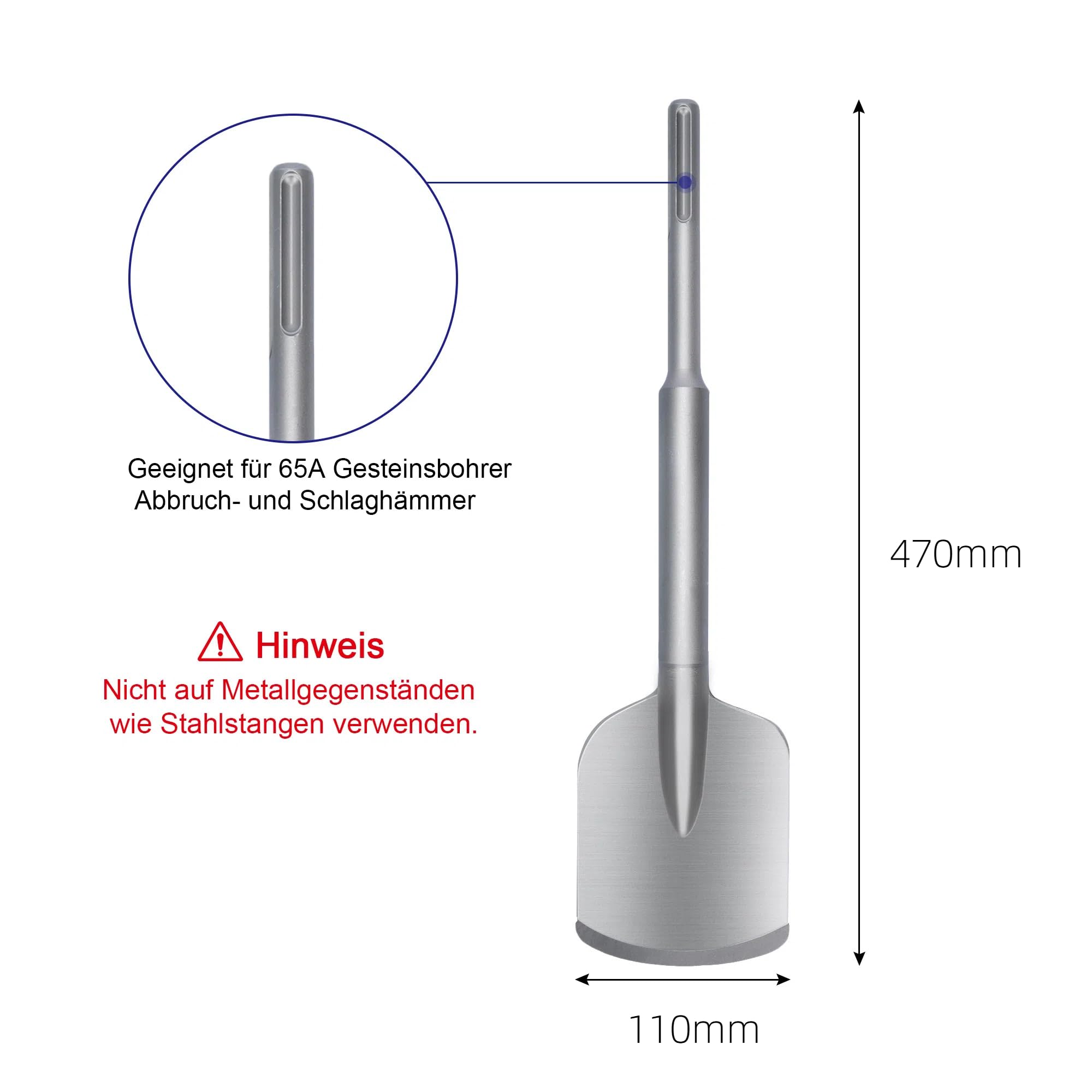agawas - Scalpello per asfalto, 110 x 470 mm, SDS Max, in acciaio 40CR, attacco 20 mm, con manico lungo, scalpello piatto, con contenitore per trapano da roccia da 65 A, demolizione e martello,