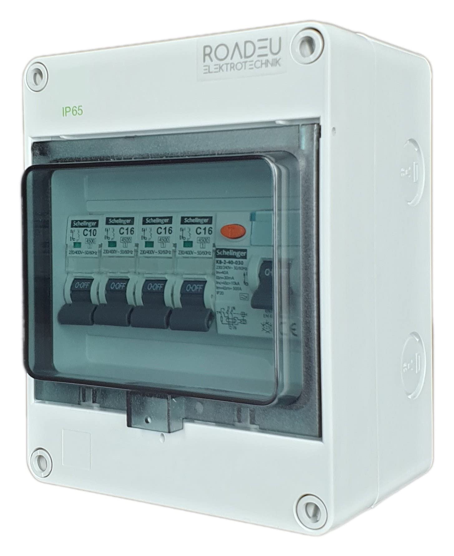 RoadEu - Quadro Elettrico Distributore di corrente - Completo con magnetotermico differenziale 40A 2P - 16A interruttore automatico e 10A C 3+1 in una scatola di distribuzione a parete IP65