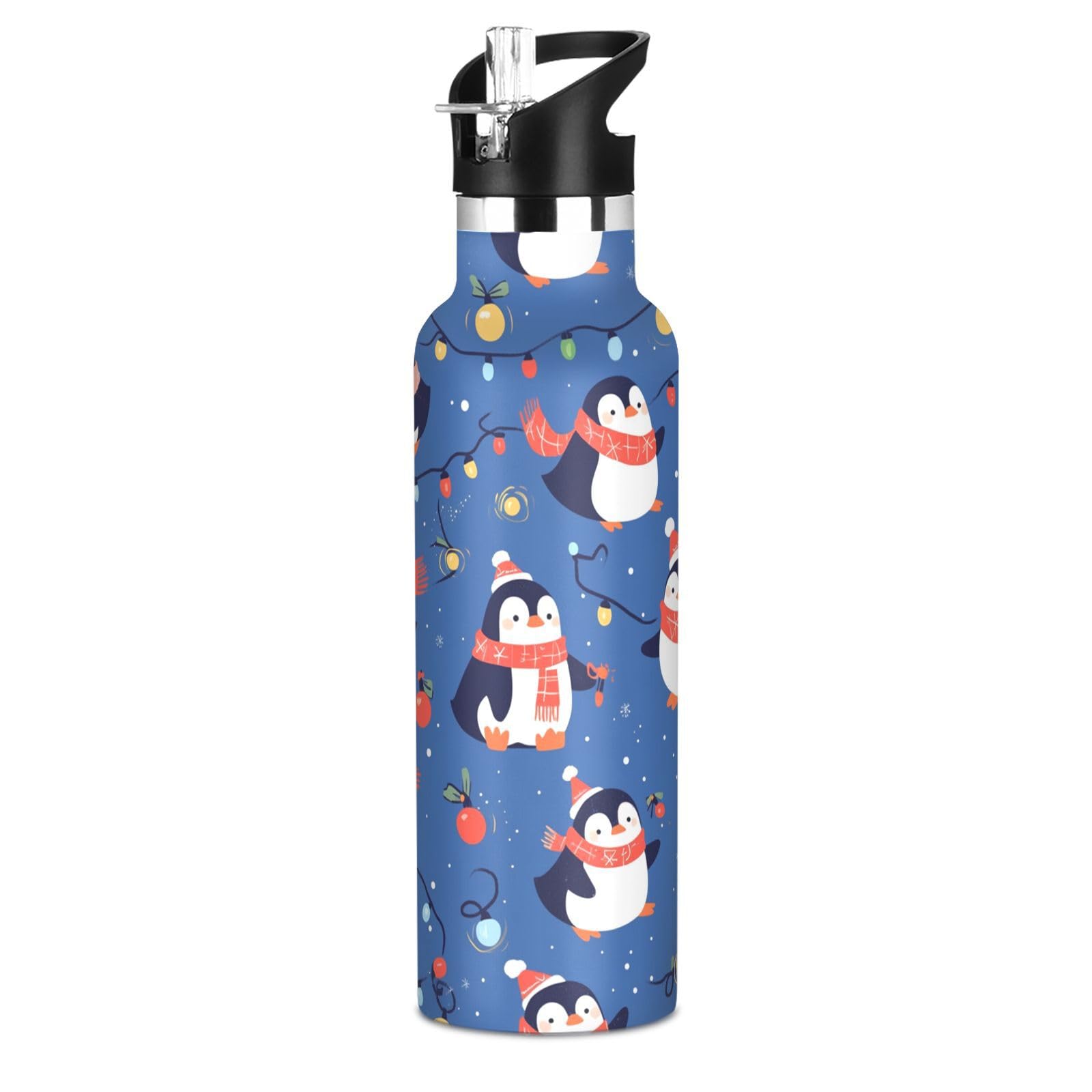 Kaaviyo Boys Pattern Cute Penguins Snowflakes Blue Water Bottle Stainless Steel Jug Insulated Vacuum Cup For Girls(600Ml)