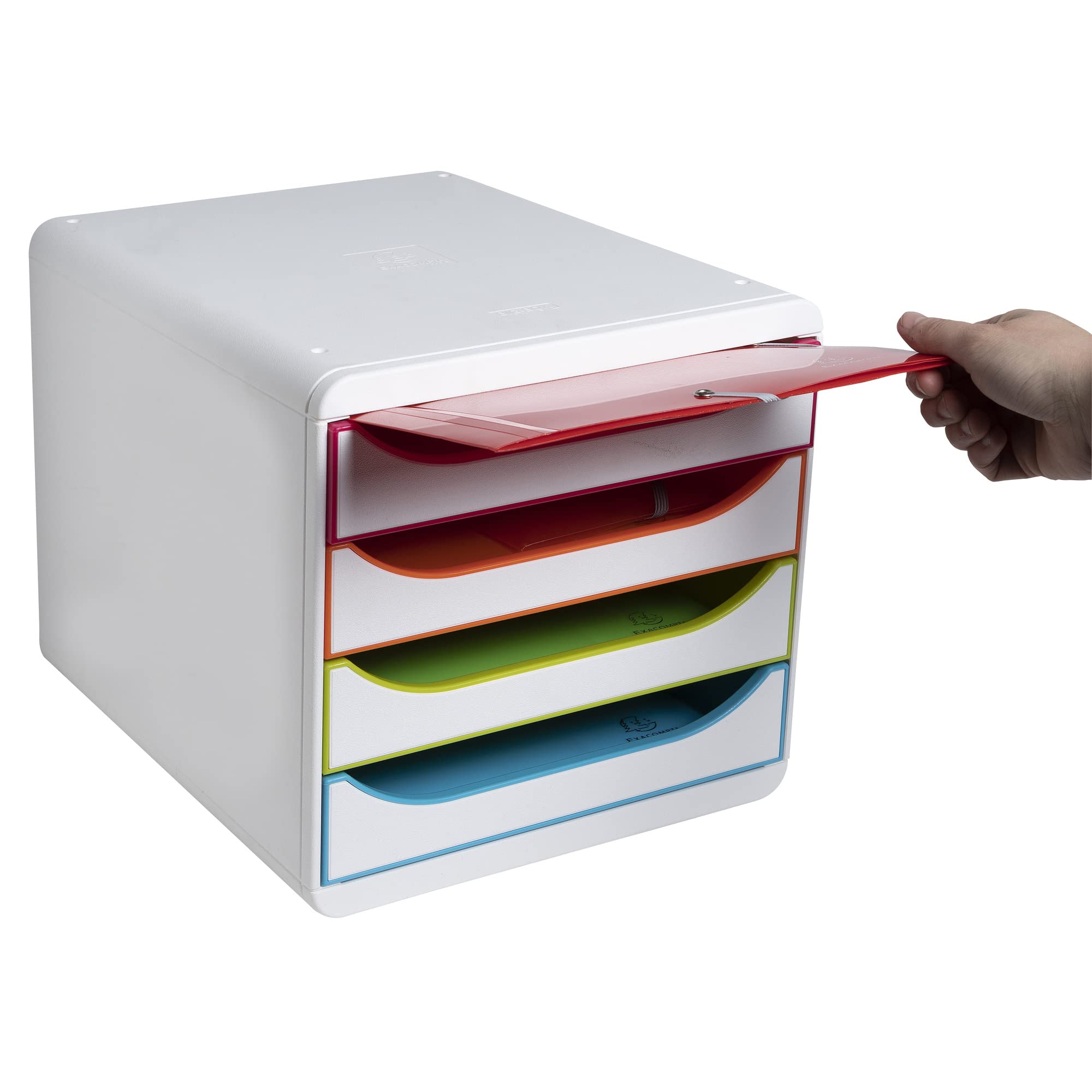 Exacompta 310913D Premium - Scatola portaoggetti con 4 cassetti per documenti DIN A4+, resistente cassettiera ad alta capacità per più spazio sulla scrivania Big Box Black Office Harlekin, colore
