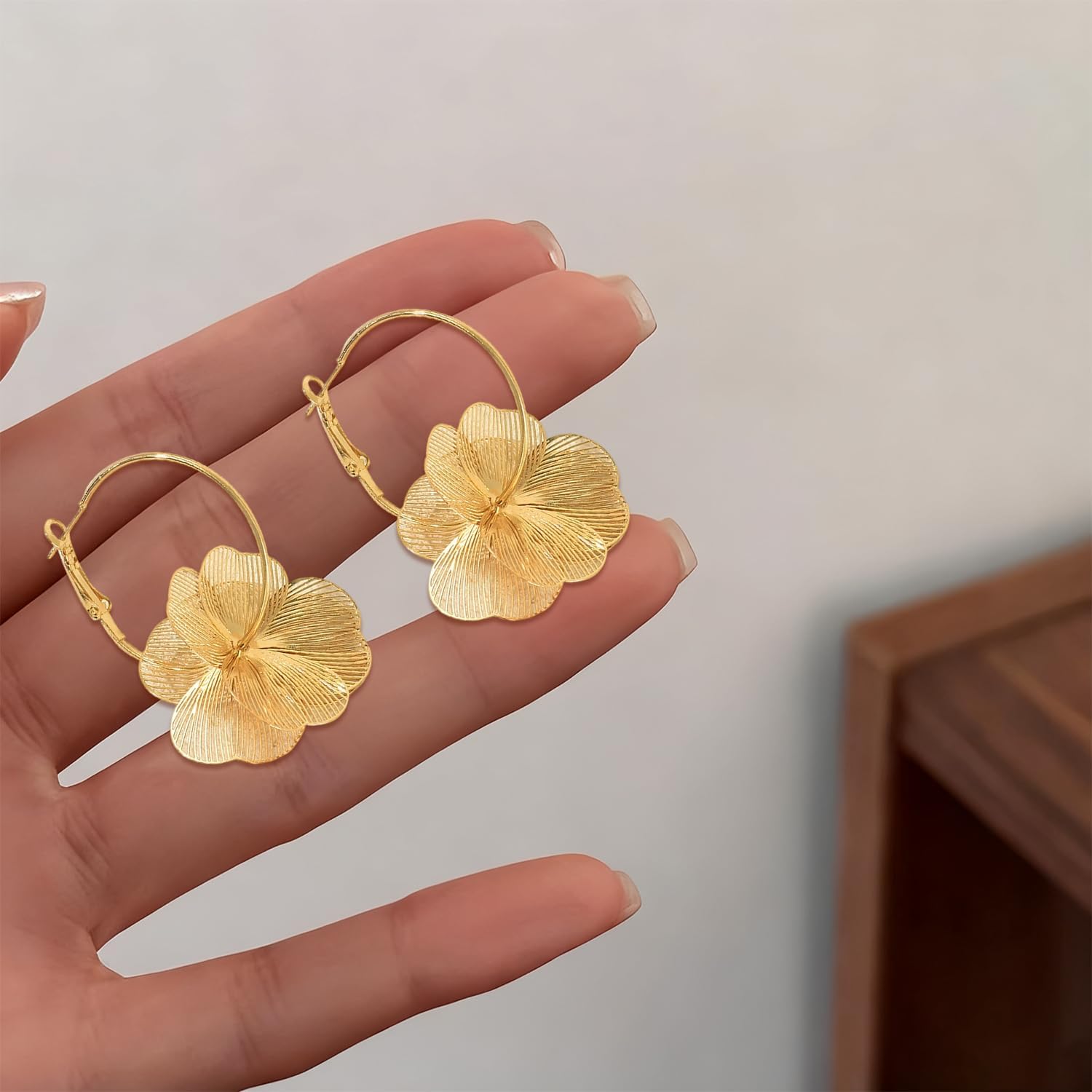 Gold Plated Flower Earrings for Women Large Flower Dangle Earrings Floral Hoop Earring Dainty Gold Jewelry for Women Trendy Floral Earring Gifts - Image 4